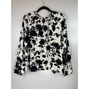 Who What Wear Cream/Black Floral Long Sleeved Blouse With Covered Buttons